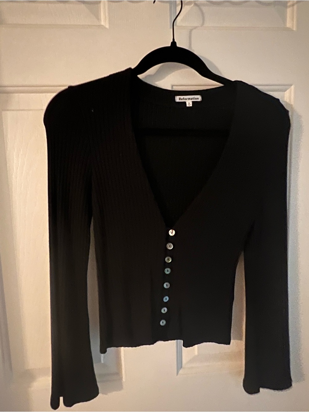 Reformation Black Ribbed V-Neck Button-Up Cardigan